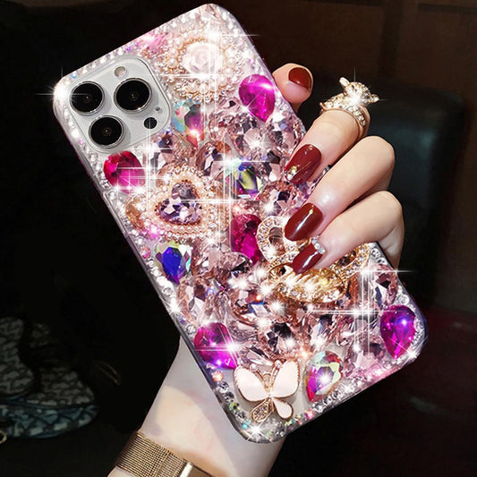 Luxury Glitter Crown Crystal & Pearl Phone Cover For iPhone 13-15 Series (Red)
