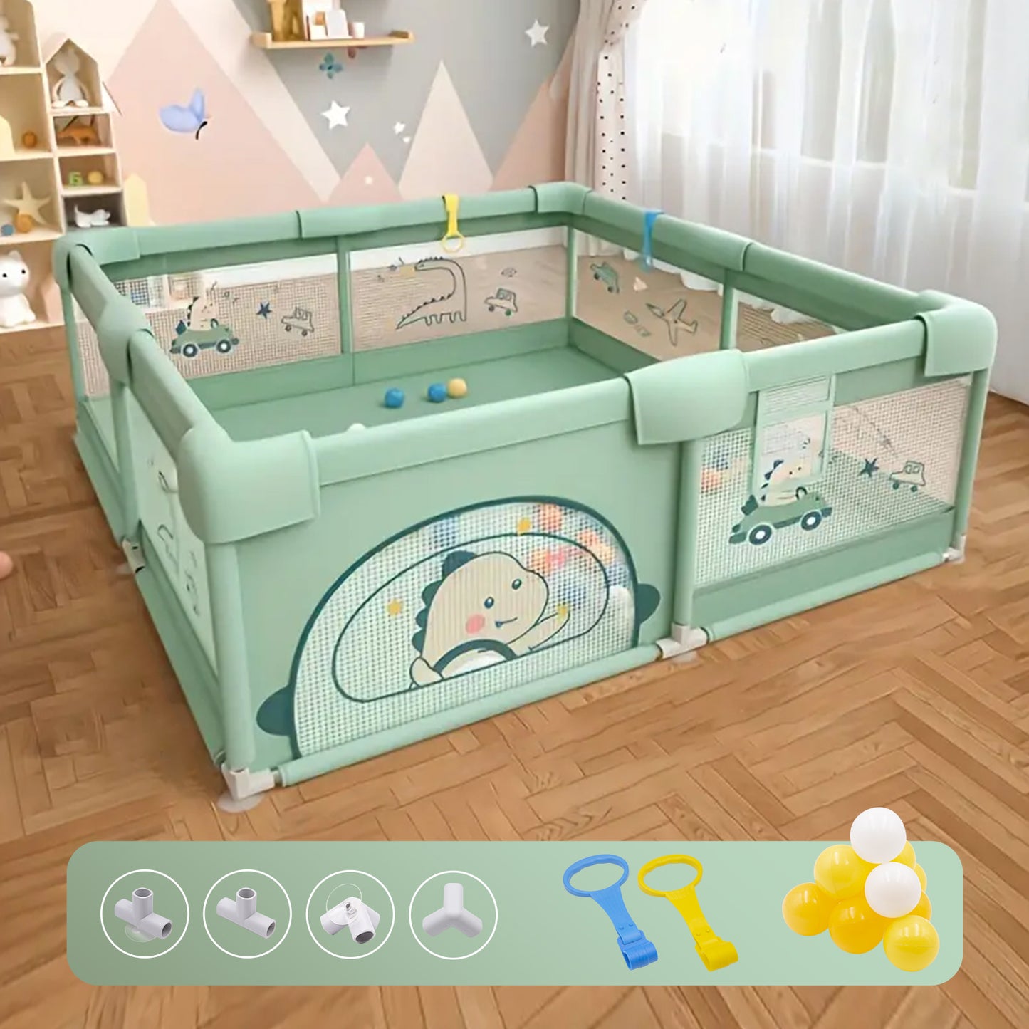 180cm * 150cm Non-folding Baby Playpen with Ocean Balls and Hand Grip Ring for 6M-3Y
