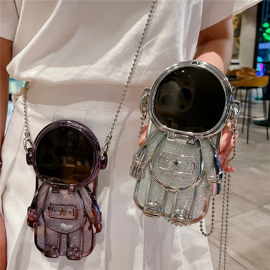 3D Astronaut-shape iPhone 13-16 Series Phone Cover with Chain Lens Protector