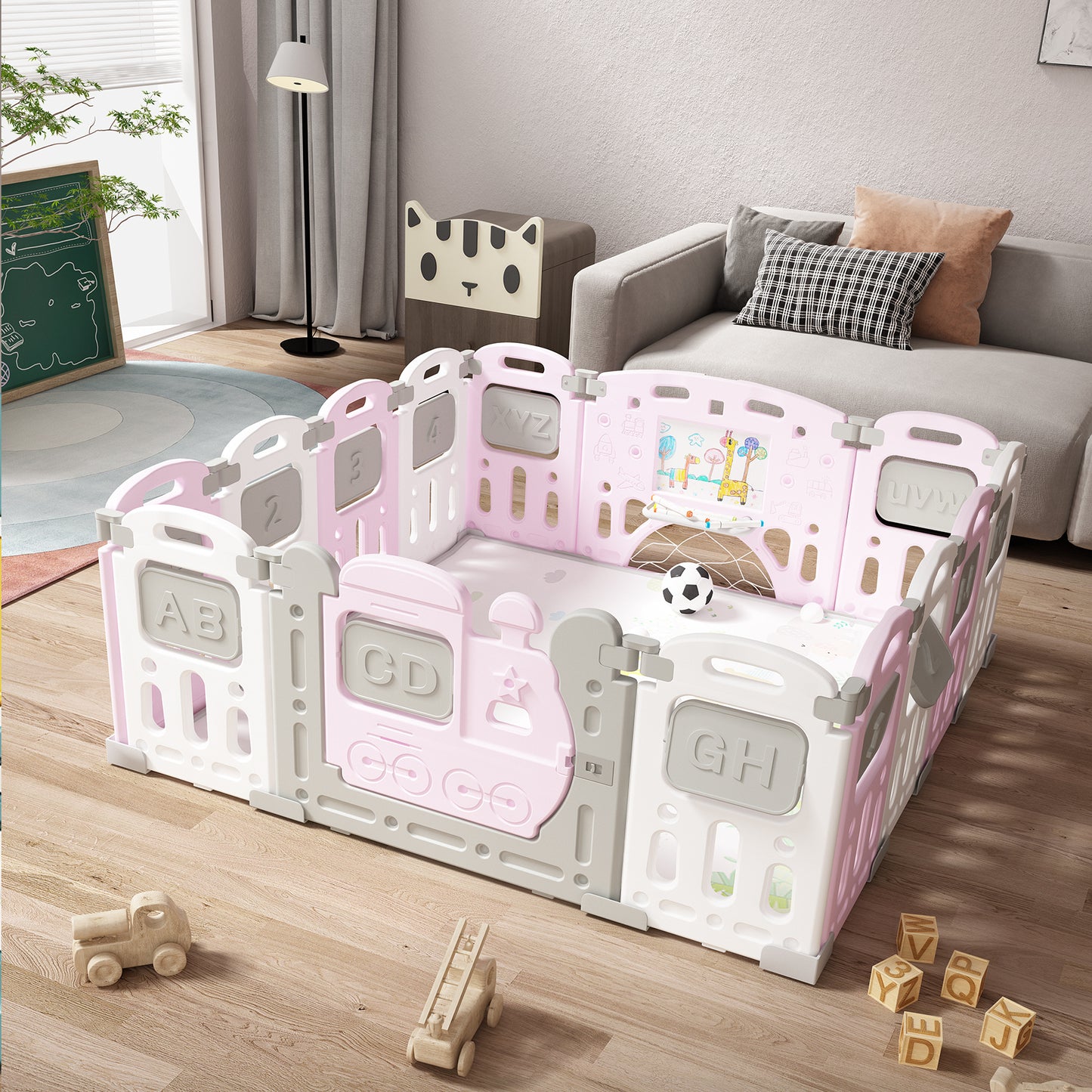 14 Panel Non-assembly Foldable Baby Play Yard With Mat & Football Playpen with Safety Locking Door For Baby to 5 Years (59'' x 59'', Pink)