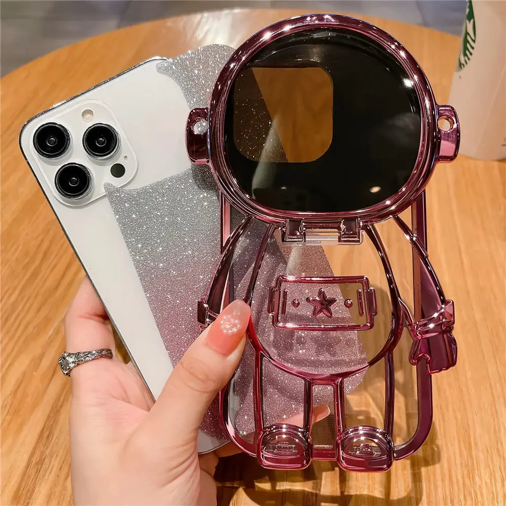 3D Astronaut-shape iPhone 13-16 Series Phone Cover with Chain Lens Protector