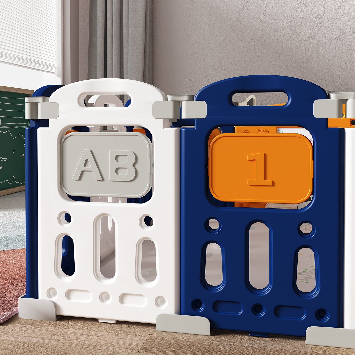 14 Panel Non-assembly Foldable Baby Play Yard With Mat & Football Playpen with Safety Locking Door For Baby to 5 Years (59'' x 59'', Blue)