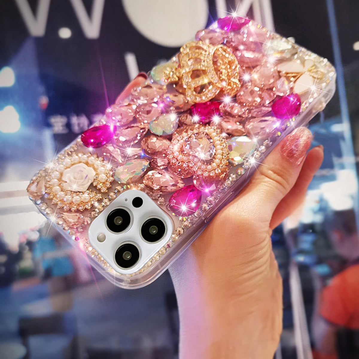 Luxury Glitter Crown Crystal & Pearl Phone Cover For iPhone 13-15 Series (Red)