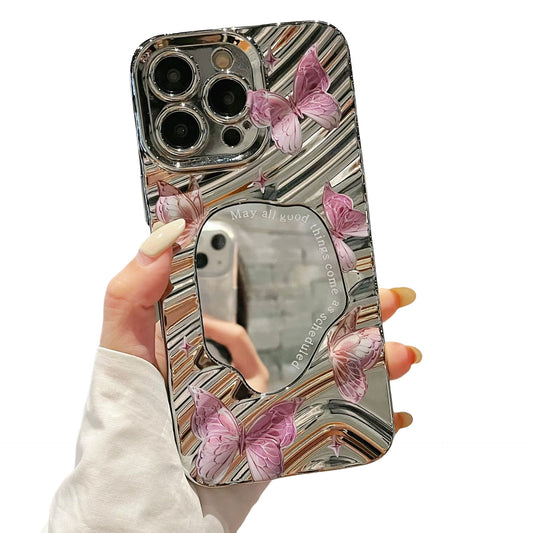 Butterfly Pattern Phone Cover with Mirror For iPhone 13-15 Series