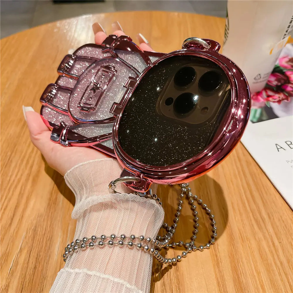 3D Astronaut-shape iPhone 13-16 Series Phone Cover with Chain Lens Protector