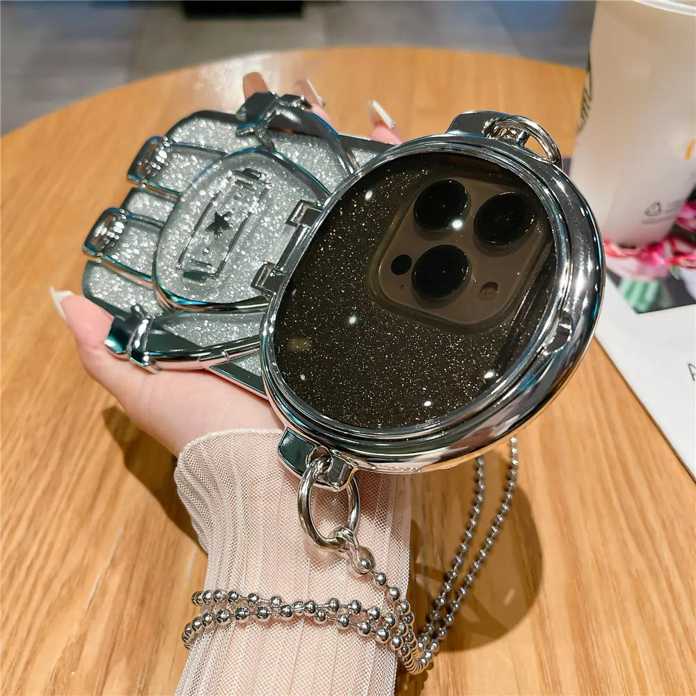3D Astronaut-shape iPhone 13-16 Series Phone Cover with Chain Lens Protector