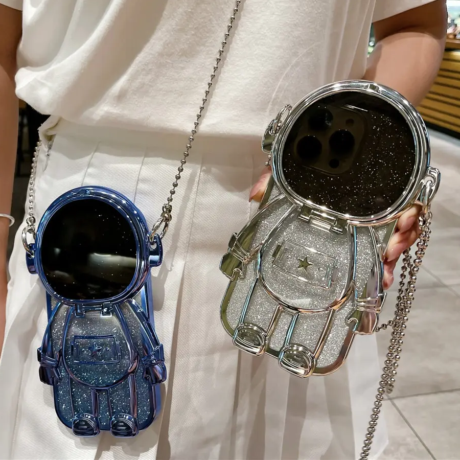 3D Astronaut Phone Cover With Chain and Lens protect For iPhone 13- 15 Series (Blue)